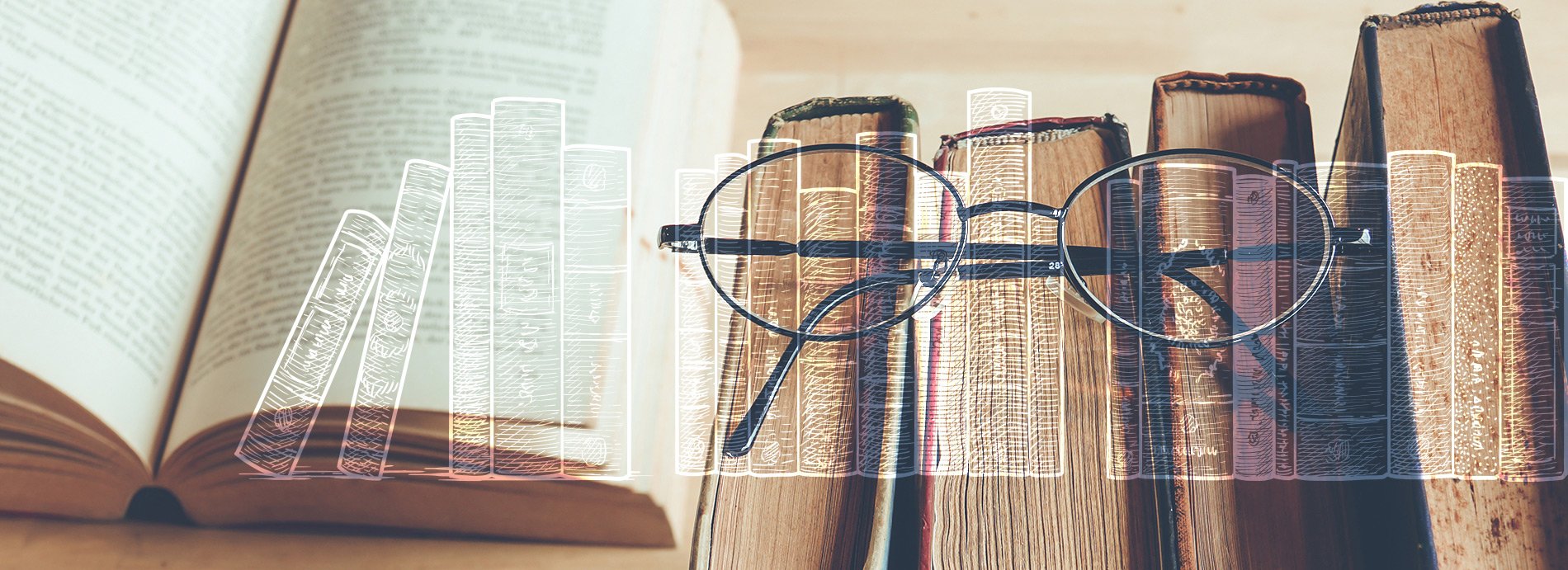 Gözlük ve kitaplar görseli.